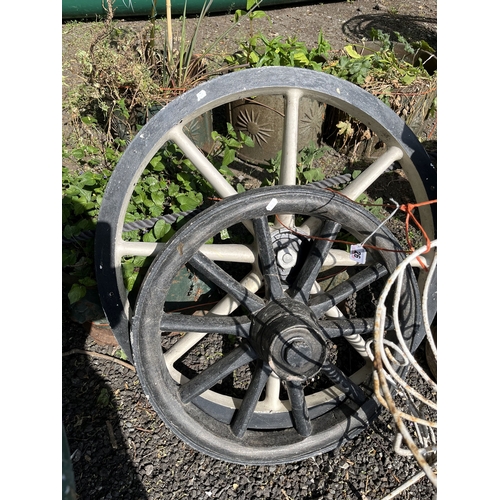 26 - A WIRE FRAMED PEDESTAL PLANTING BASKET, 56cm high, one plastic and one concrete cart wheel (3)