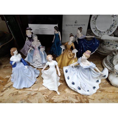 754 - A GROUP OF EIGHT BOXED CERAMIC LADY FIGURINES, comprising three Royal Worcester from 'Les Petites' r... 