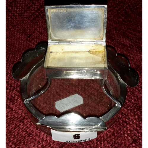 6 - Birmingham silver topped ashtray with glass base. Silver mounts to top leading to a silver match box... 