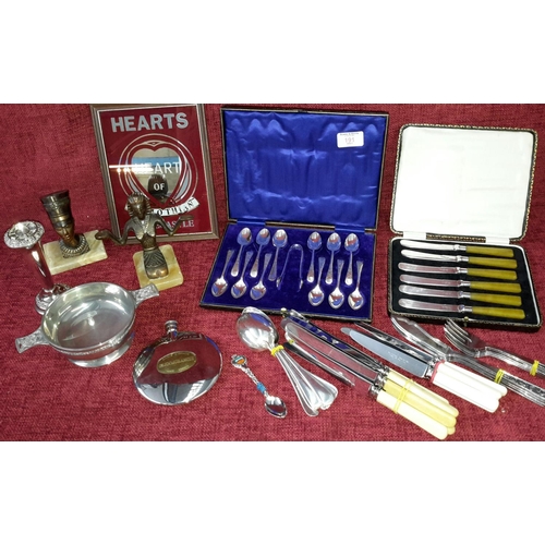 191 - Selection of silver plated boxed cutlery, various loose cutlery, quiche, Dalvy hip flask & Egyptian ... 