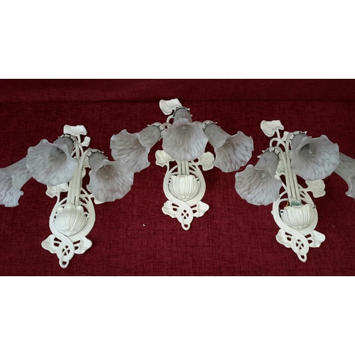 200 - 3 art nouveau style wall lights with 3 branch glass shades