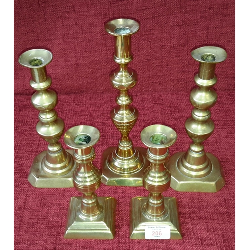 206 - 2 pairs of Victorian brass candlesticks & 1 other