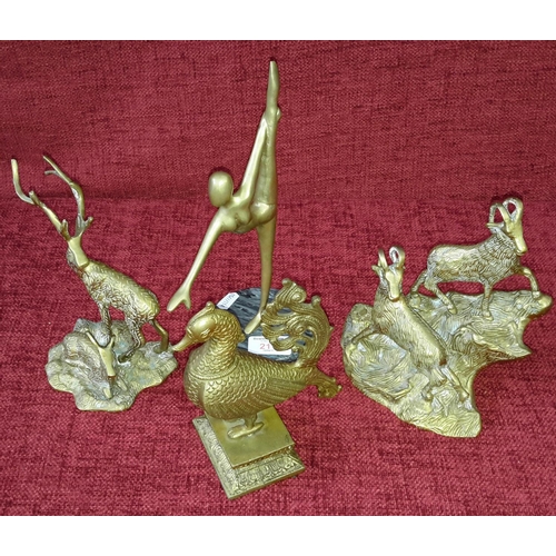 211 - Bronze bird figure, 2 brass figures & deco figure on marble stand