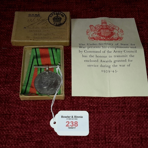 238 - WW2 defence medal with certificate & box (no name)