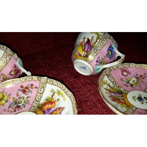 258 - Dresden c1815 hand painted cups & saucers with couple scenes & flower designs