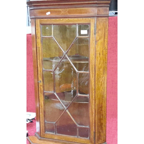 267 - Edwardian inlay corner cabinet with 2 glass front doors with key, 189x62x43cm