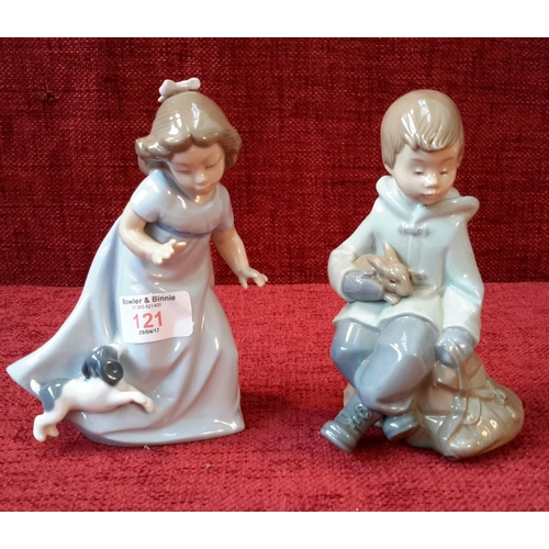 121 - 2 Nao figures of girl with dog & boy with rabbit