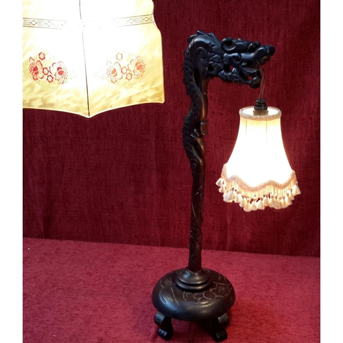 153 - Solid wood Oriental carved Dragon standard lamp with matching side lamp (both working)