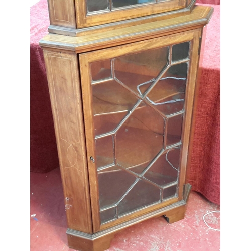 155 - Edwardian inlay corner cabinet with glass front panel doors & key, 190x61cm