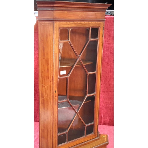 155 - Edwardian inlay corner cabinet with glass front panel doors & key, 190x61cm