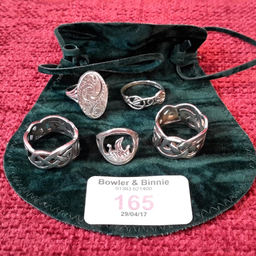 165 - 5 various silver ornate & Celtic design rings, one marked OMG