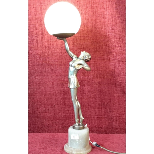 49 - Unsigned Josef Lorenzl art deco dancing lady figure lamp, in gold, bronze & silver finish on alabast... 