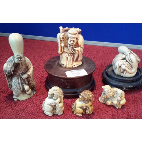 166 - 6 various carved oriental figures, 2 together with hardwood stands