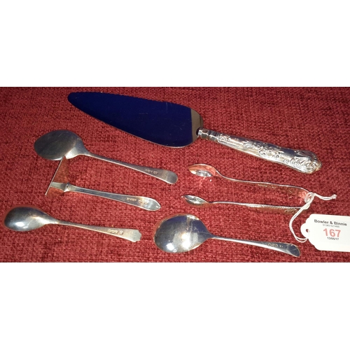 167 - 5 Sheffield silver hallmarked flat wares, together with silver handled cake slice