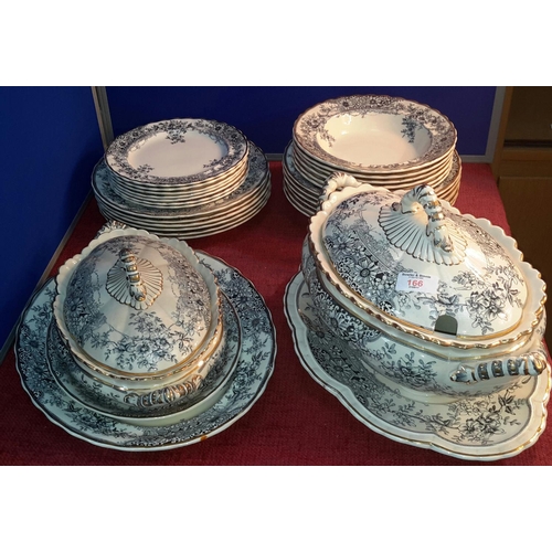 166 - 30 piece blue, white & gilt 'Stirling K & Co' dinner service with platters & tureens