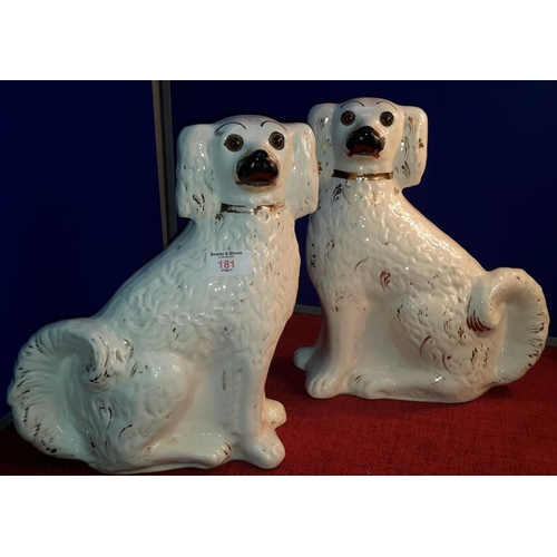 181 - 2 large Staffordshire flat back wally dugs with glass eyes, 32cm tall