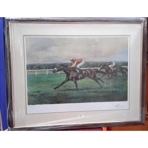 207 - Limited edition 50/50 large racing horse print titled 'Lester Piggott on Tee Noso' signed by artist ... 