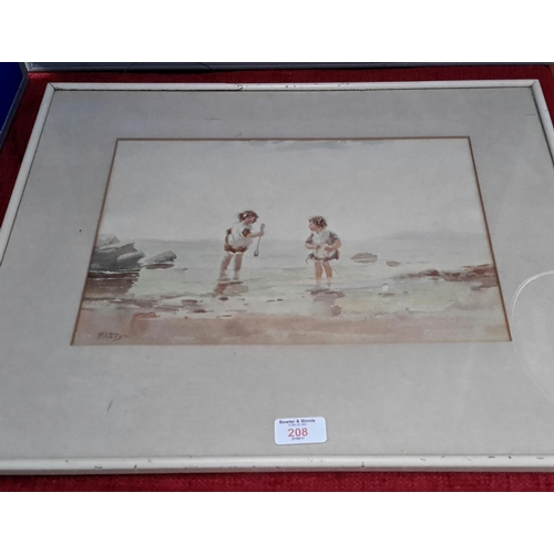 208 - Watercolour of children playing at the waterfront, signed T. Paterson, 25x35cm