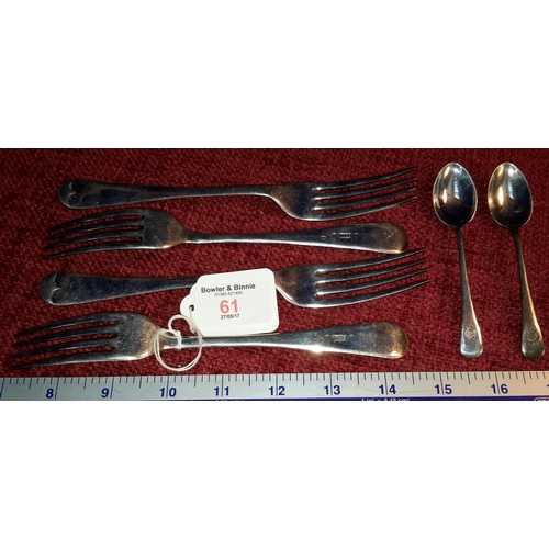 61 - 4 military WW2 forks dated 1943 together with 2 RAF mess teaspoons