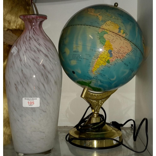 105 - Art glass vase & world globe