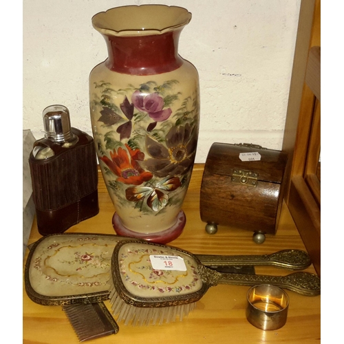 18 - Victorian glass vase, ornate box & brass plaque