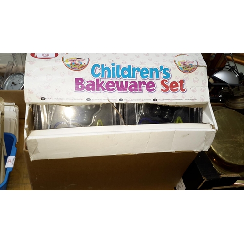 236 - Box of children's new bakeware sets together with a box of children's items etc