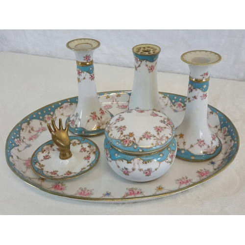 102 - Noritake dressing table set, depicting hand painted flowers, blue and gilt trims. Tray - 2 x 32 x x ... 