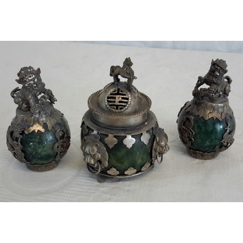 126 - White metal & hard stone small censor pot & a pair of Foo dog garnitures, tallest 8cm