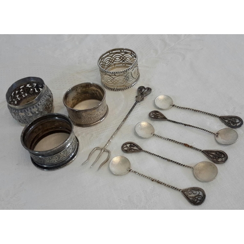 19 - Silver Filigree spoon set, pickle fork & 3 Birmingham silver napkin rings and one other