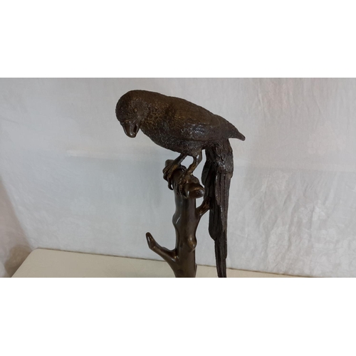 280 - Large bronze parrot on perch, 58cm in height