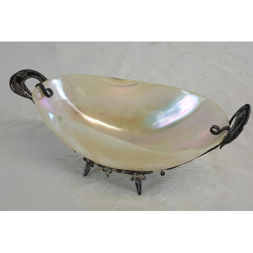 30 - Filigree silver and mother of pearl shell dish. 6 x 16cm