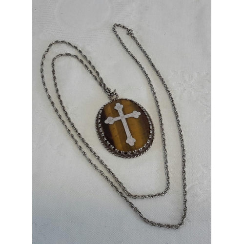 31 - London silver tiger eye stone and silver cross pendant with approx 95cm silver chain