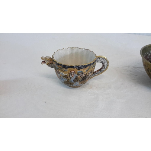 326 - Satsuma 1900's drinking cup with dragon head and hand painted design with signature to the base, tog... 