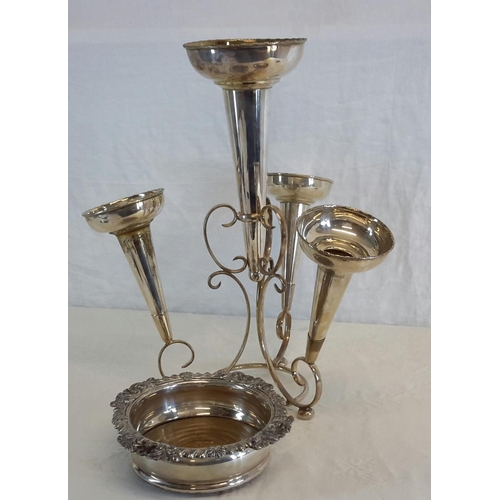 49 - 4 Branch EP Epergne together with EP & wood wine coaster (Epergne 36cm in height)