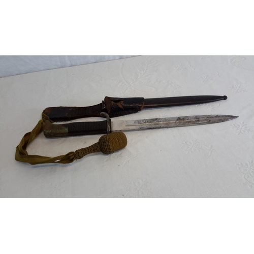 74 - WW2 German army officer's long dress knife with scabbard, leather frog & portepee sword knot, maker ... 