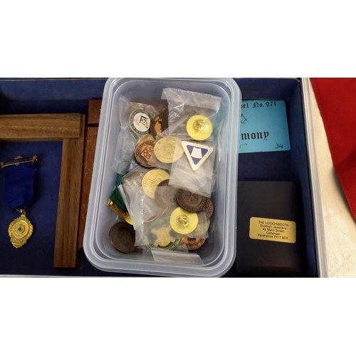 98 - Large collection of masonic medals, aprons, books and coins etc. To include Scottish Rite medal and ... 