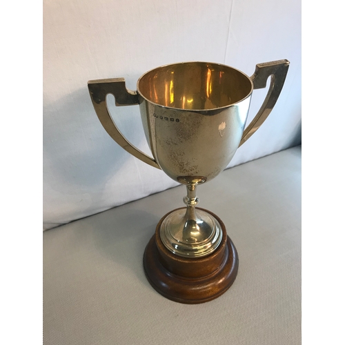 7 - Victorian Birmingham silver large two handled trophy with hardwood stand. Makers Elkington & c. Date... 