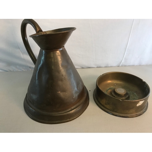 68 - Military Trench art brass shell ashtray with silver coin to the centre, together with copper jug.