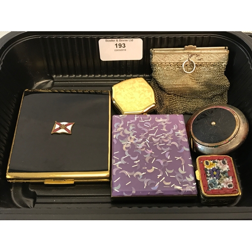 193 - Box of collectable odds which includes Stratton compact, Vintage chainmail purse, Measuring tape & M... 