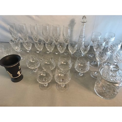 211 - A collection of cut crystal glasses to include Wedgwood Jasper vase