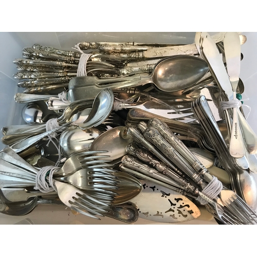 265 - Box full of silver plated and EP cutlery, flat wares