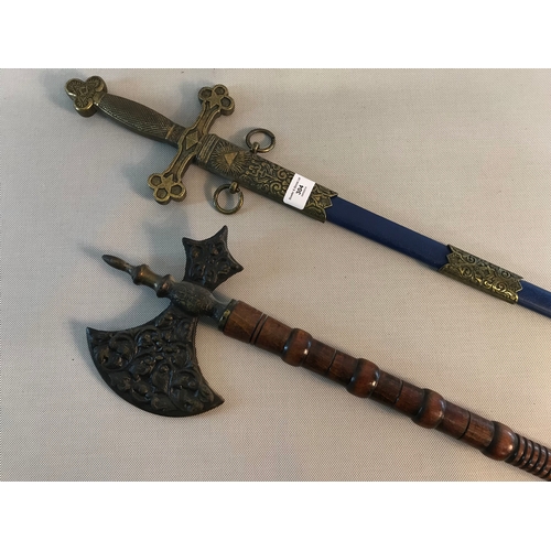 304 - Masonic temple replica axe & sword with scabbard.