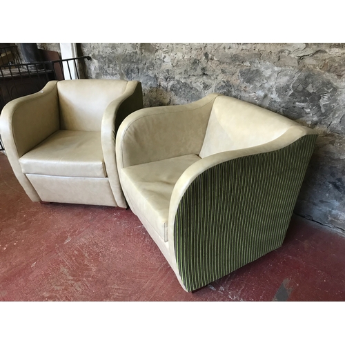 345 - 2 Cinema style tub chairs done with leather and green material (Art Deco style)