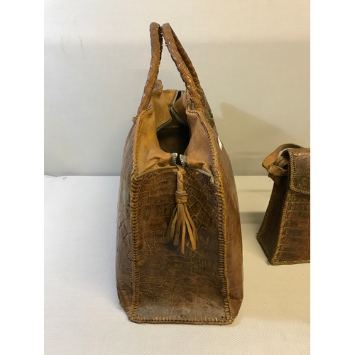 192 - 2 Vintage c1920's Crocodile leather hand stitched hand bag and carry bag. (Both in great condition)