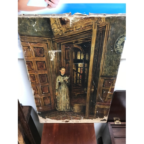 62 - An antique oil on canvas painting of a lady reading in the doorway, Highly detailed, Needs restored.... 