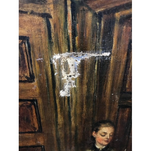 62 - An antique oil on canvas painting of a lady reading in the doorway, Highly detailed, Needs restored.... 