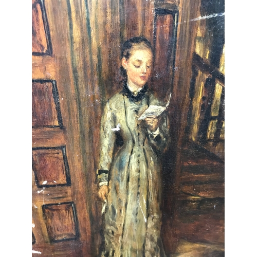 62 - An antique oil on canvas painting of a lady reading in the doorway, Highly detailed, Needs restored.... 