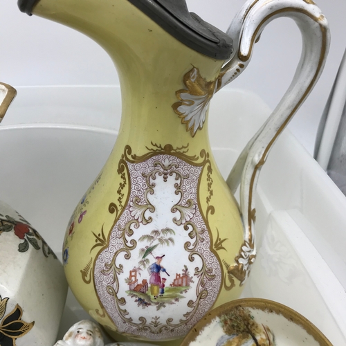 99 - A Collection of porcelain items which includes dragon handle Mason's jug, Victorian hand painted pit... 