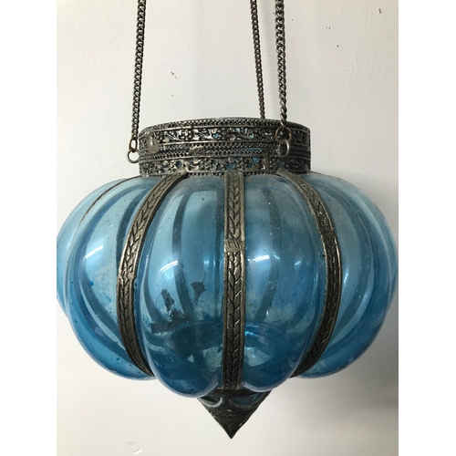 232 - Vintage glass and metal hanging candle lantern