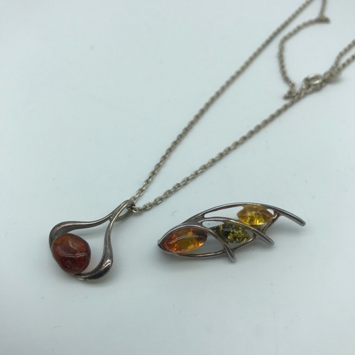 40 - 835s silver and amber pendant with silver chain together with silver 925 and amber brooch.